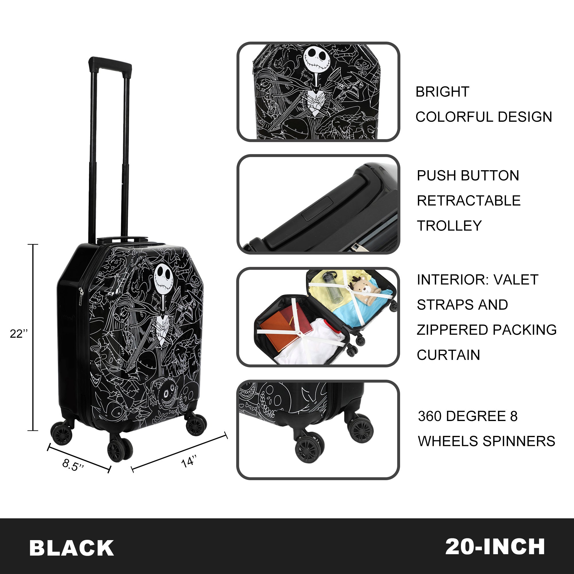 Nightmare Before Christmas Jack Skellington 20" Carry-On Luggage With Wheels And Retractable Handle