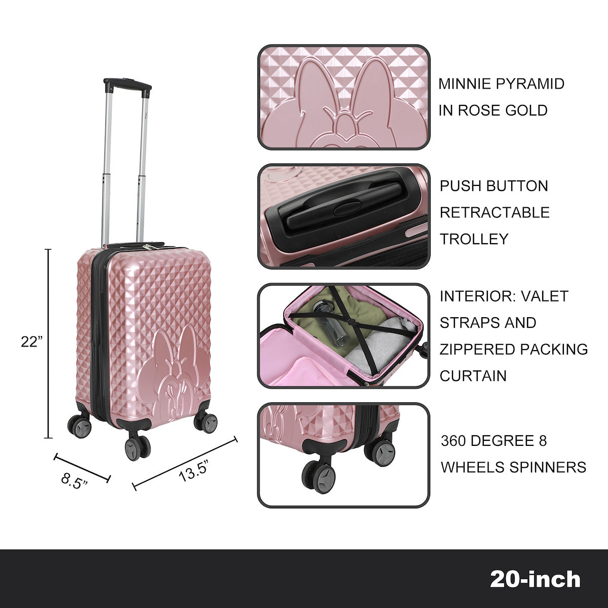 Disney Minnie Mouse Rose Gold 20" Carry-On Luggage With Wheels And Retractable Handle
