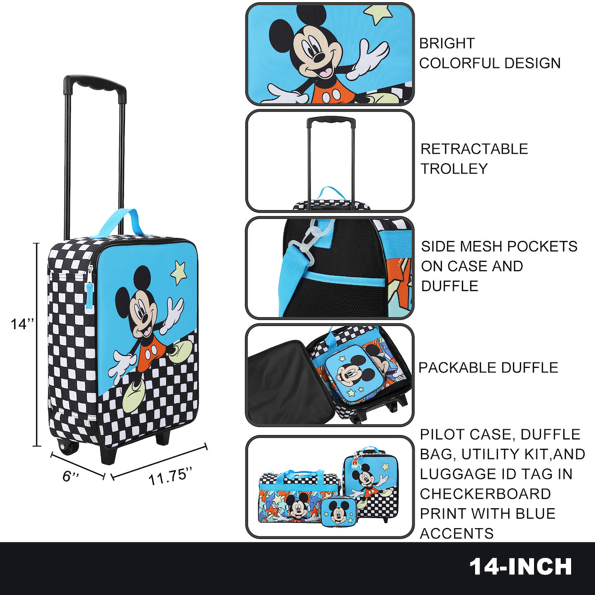 Disney Mickey Mouse Polka Dots Youth 4-Piece Travel Set Carry on Luggage