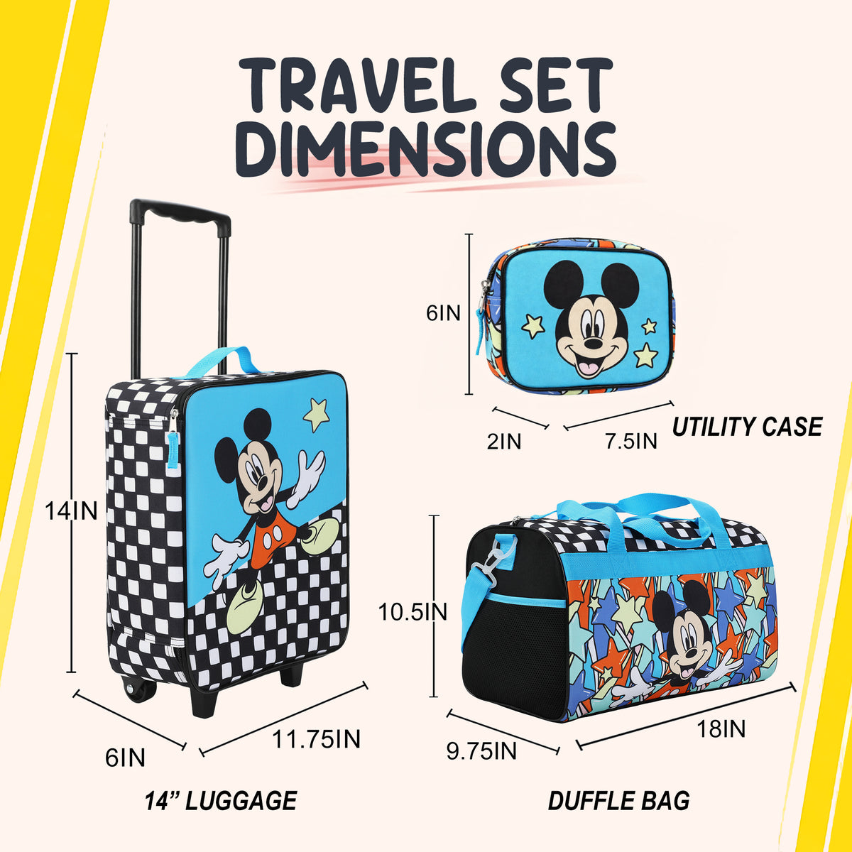 Disney Mickey Mouse Polka Dots Youth 4-Piece Travel Set Carry on Luggage