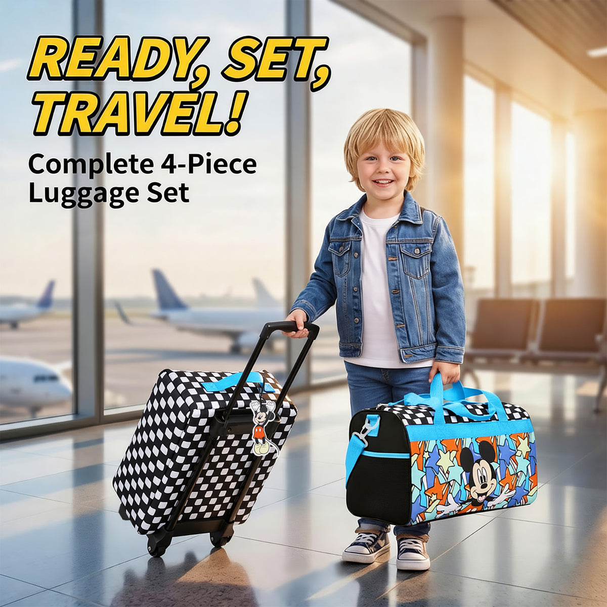 Disney Mickey Mouse Polka Dots Youth 4-Piece Travel Set Carry on Luggage