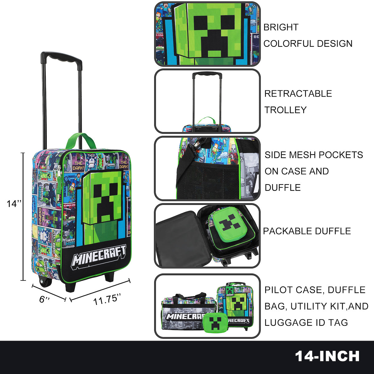 Minecraft Creeper Youth 4-Piece Travel Set-14" Carry-on, Duffle Bag, and Luggage Tag Set