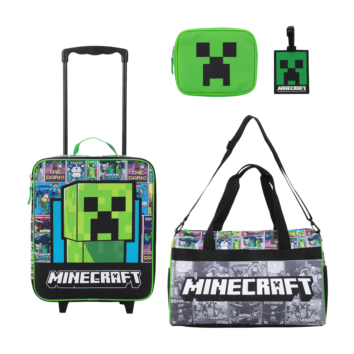 Minecraft Creeper Youth 4-Piece Travel Set-14" Carry-on Duffle Bag and Luggage Tag Set