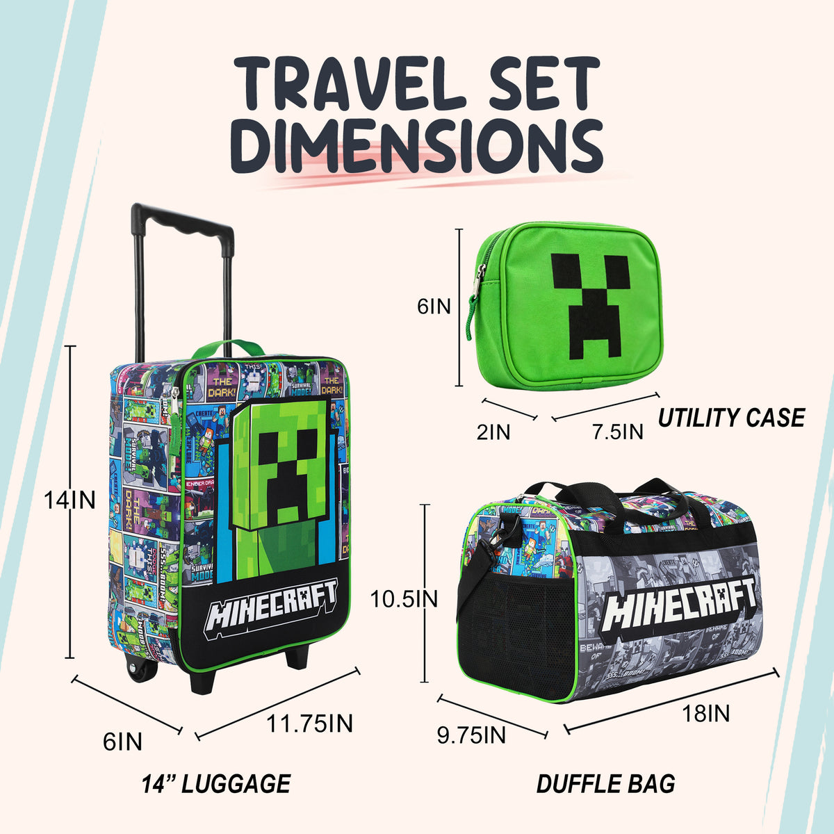 Minecraft Creeper Youth 4-Piece Travel Set-14" Carry-on Duffle Bag and Luggage Tag Set
