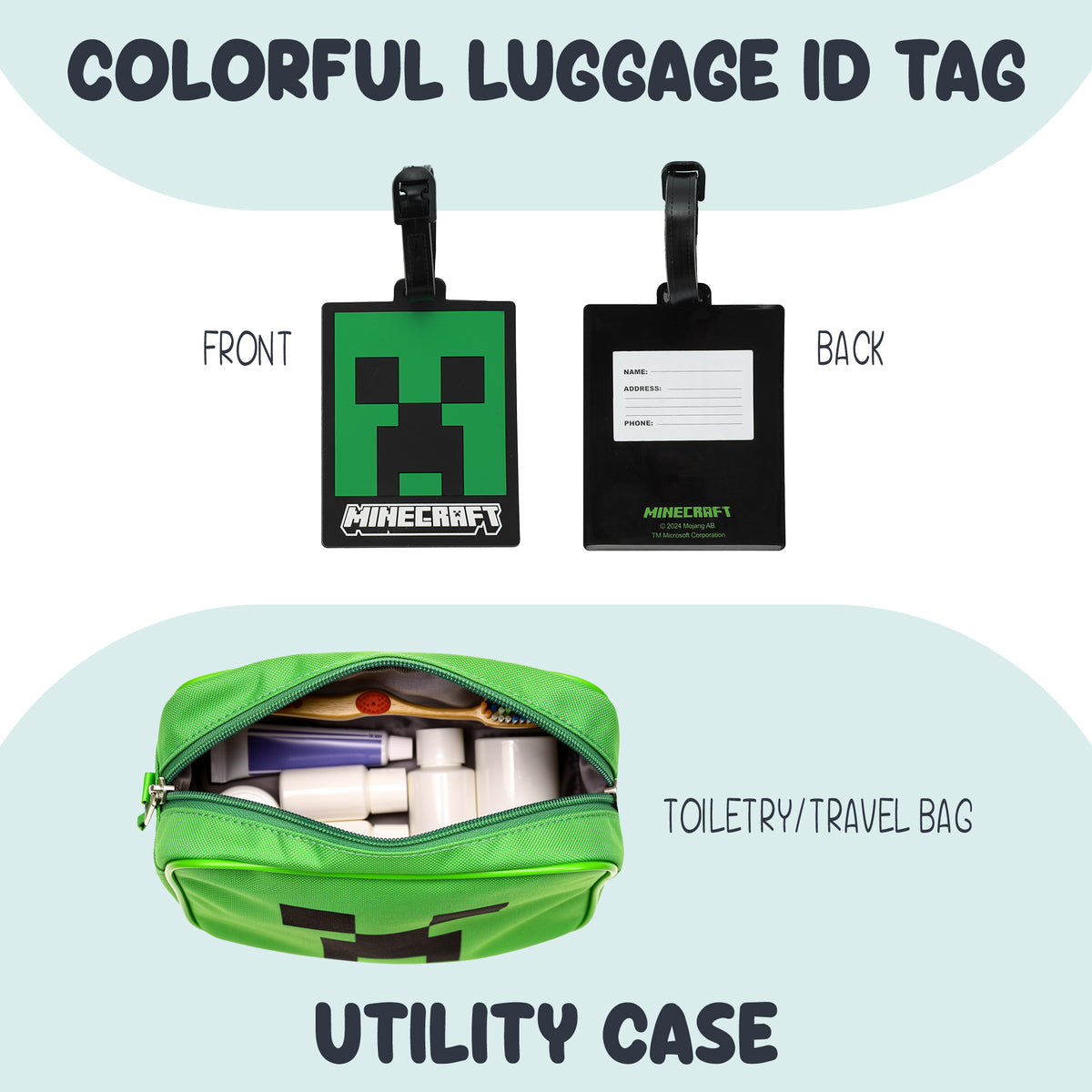 Minecraft Creeper Youth 4-Piece Travel Set-14" Carry-on Duffle Bag and Luggage Tag Set