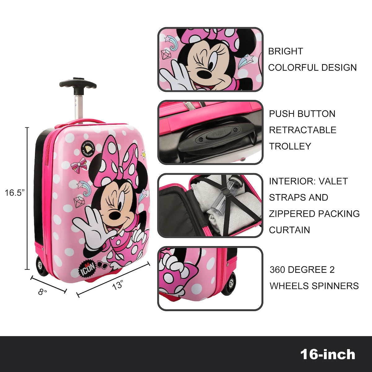 Disney Minnie Mouse Bows & Shooting Stars Black & Pink 16.5" Rolling Toddler Luggage