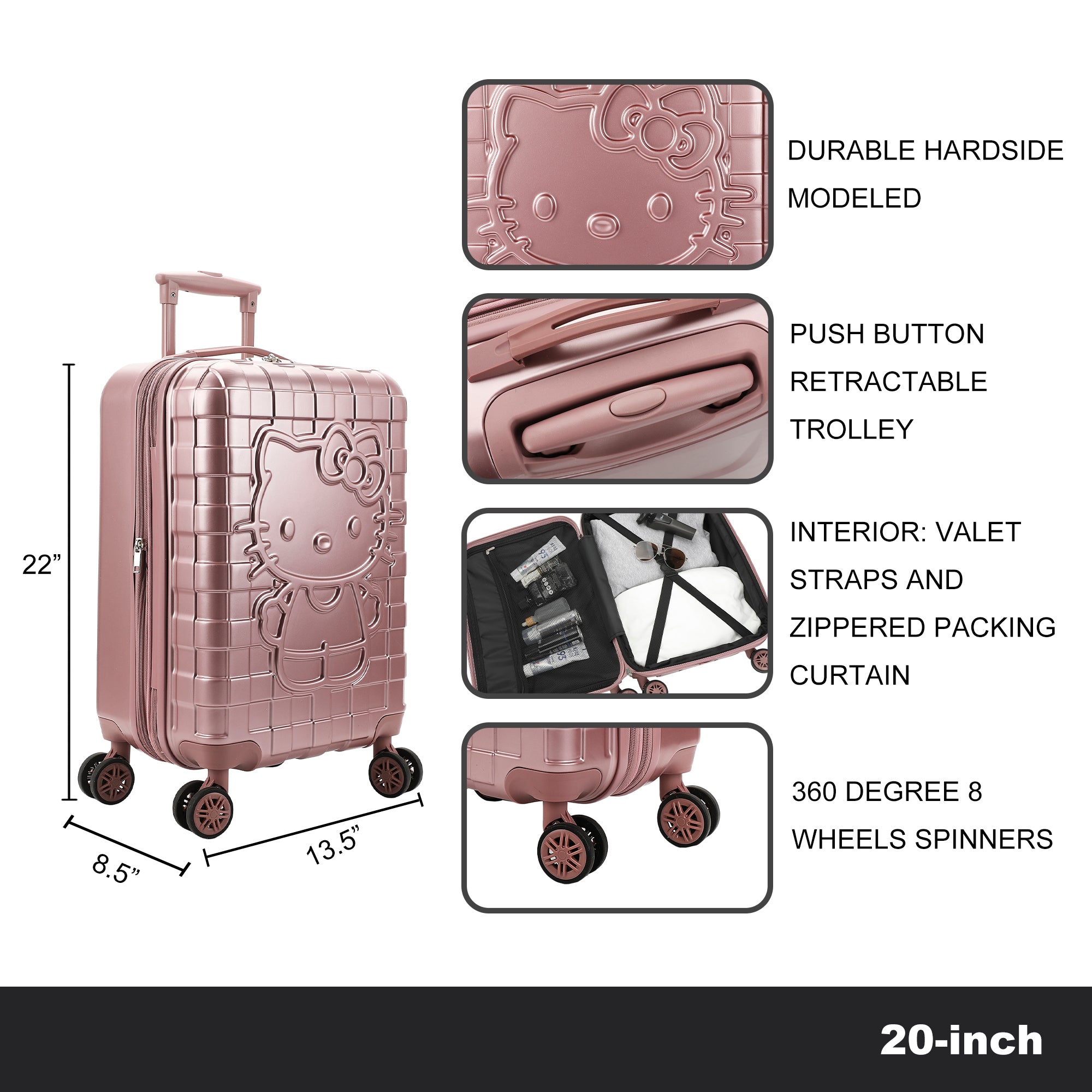 Hello Kitty Character Print Pink Plaid 20" Adult Hardside Carry-on Rolling Luggage