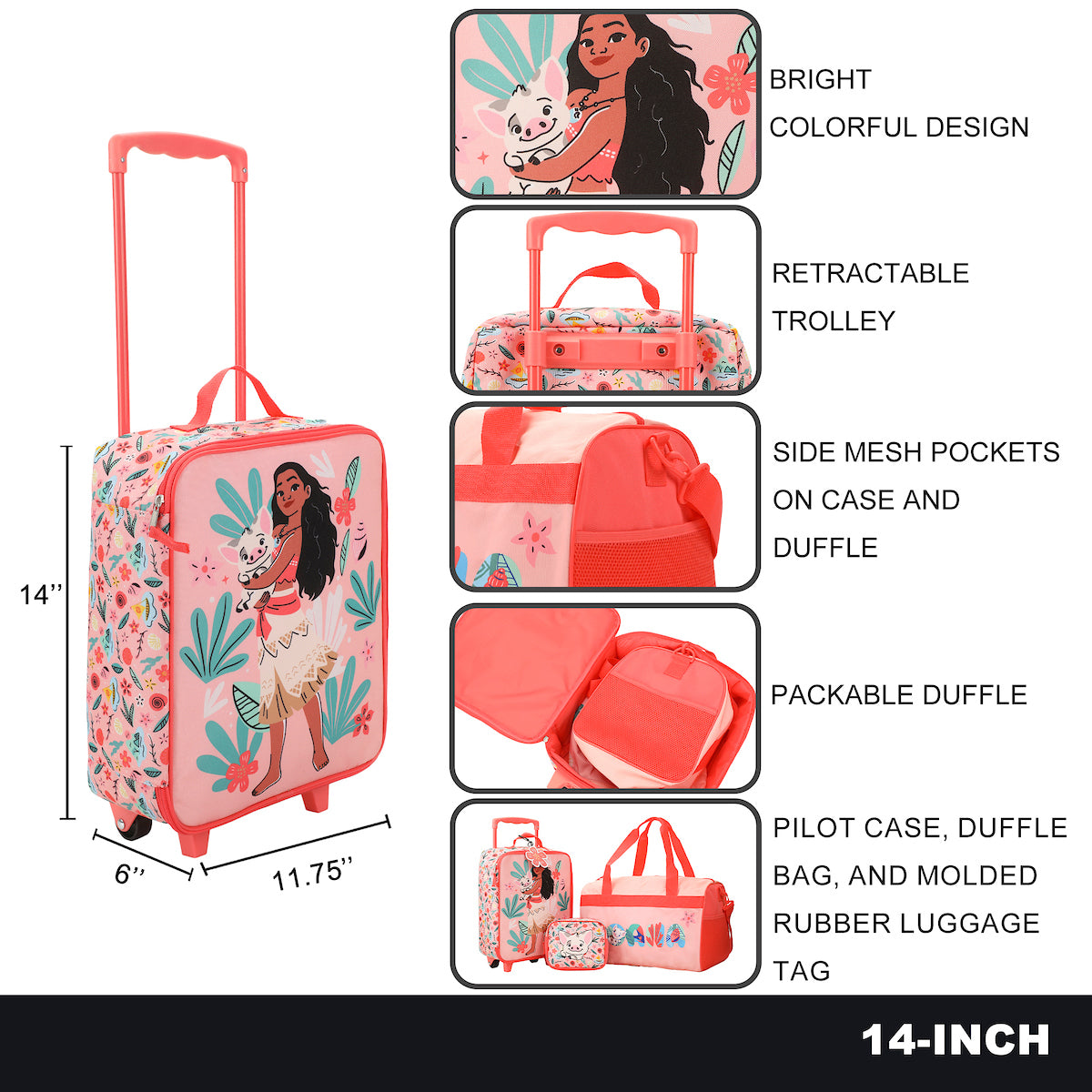 Moana Pua & Moana Tropical Print Youth 4-Piece Carry On Luggage Travel Set