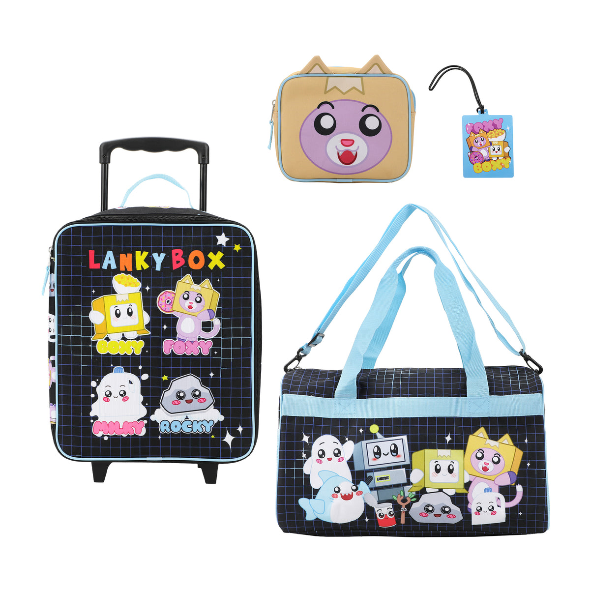 LankyBox 4-Piece Kids'  Carry On Travel Set - Officially Licensed with 14" Pilot Case Duffle Bag Utility Case and Luggage Tag