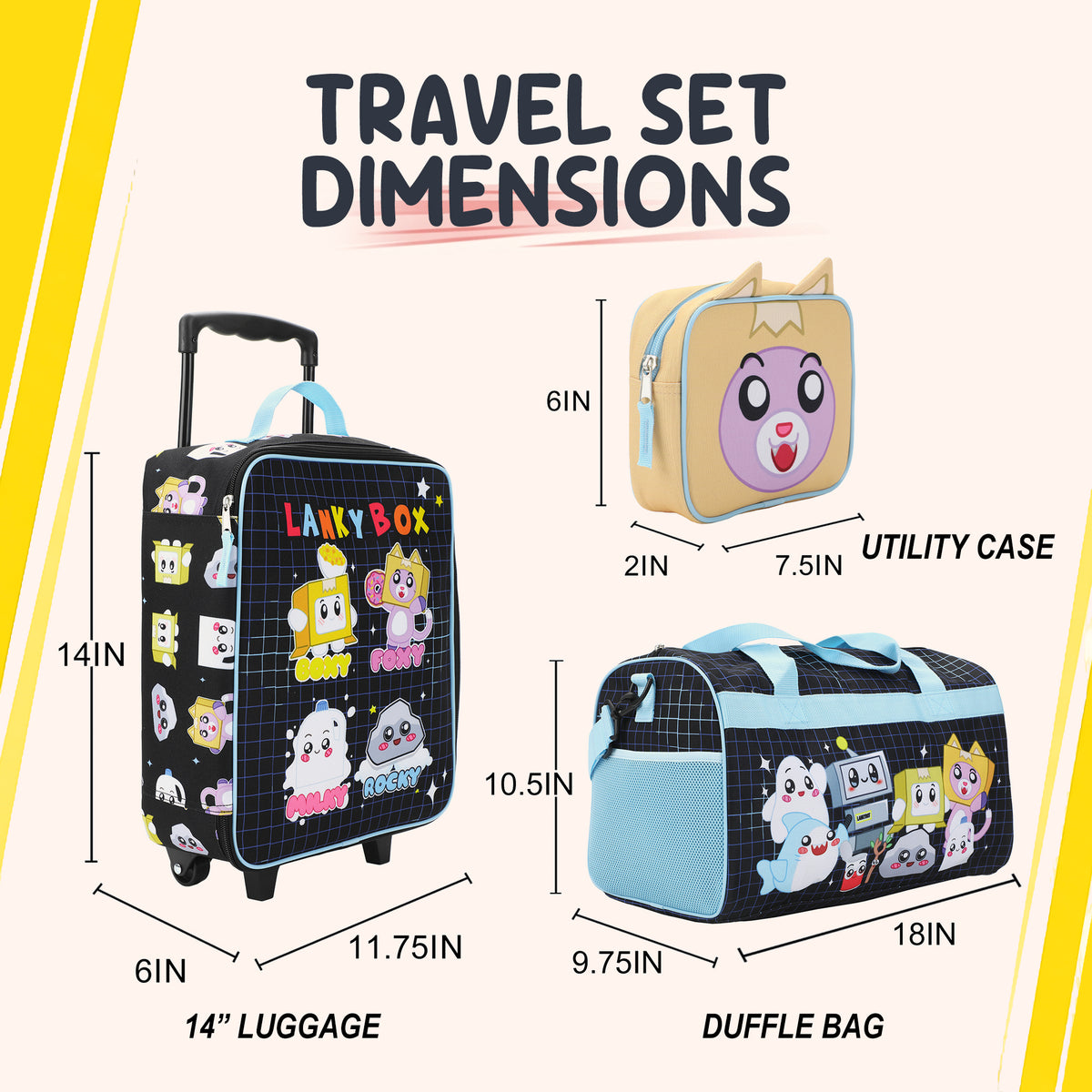 LankyBox 4-Piece Kids'  Carry On Travel Set - Officially Licensed with 14" Pilot Case Duffle Bag Utility Case and Luggage Tag