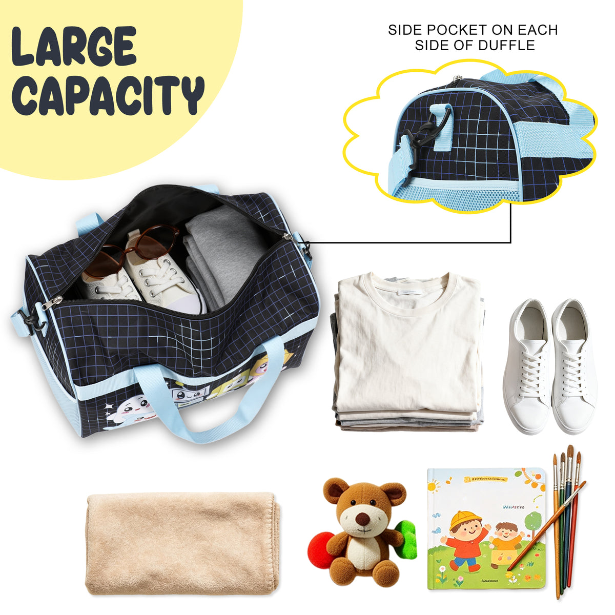 LankyBox 4-Piece Kids'  Carry On Travel Set - Officially Licensed with 14" Pilot Case Duffle Bag Utility Case and Luggage Tag