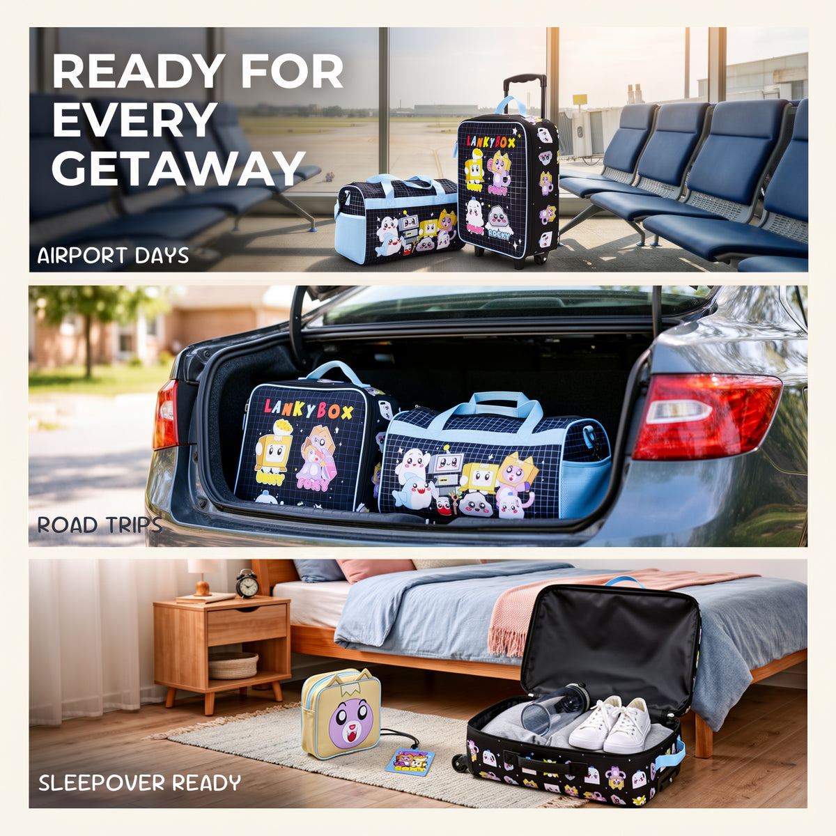 LankyBox 4-Piece Kids'  Carry On Travel Set - Officially Licensed with 14" Pilot Case Duffle Bag Utility Case and Luggage Tag
