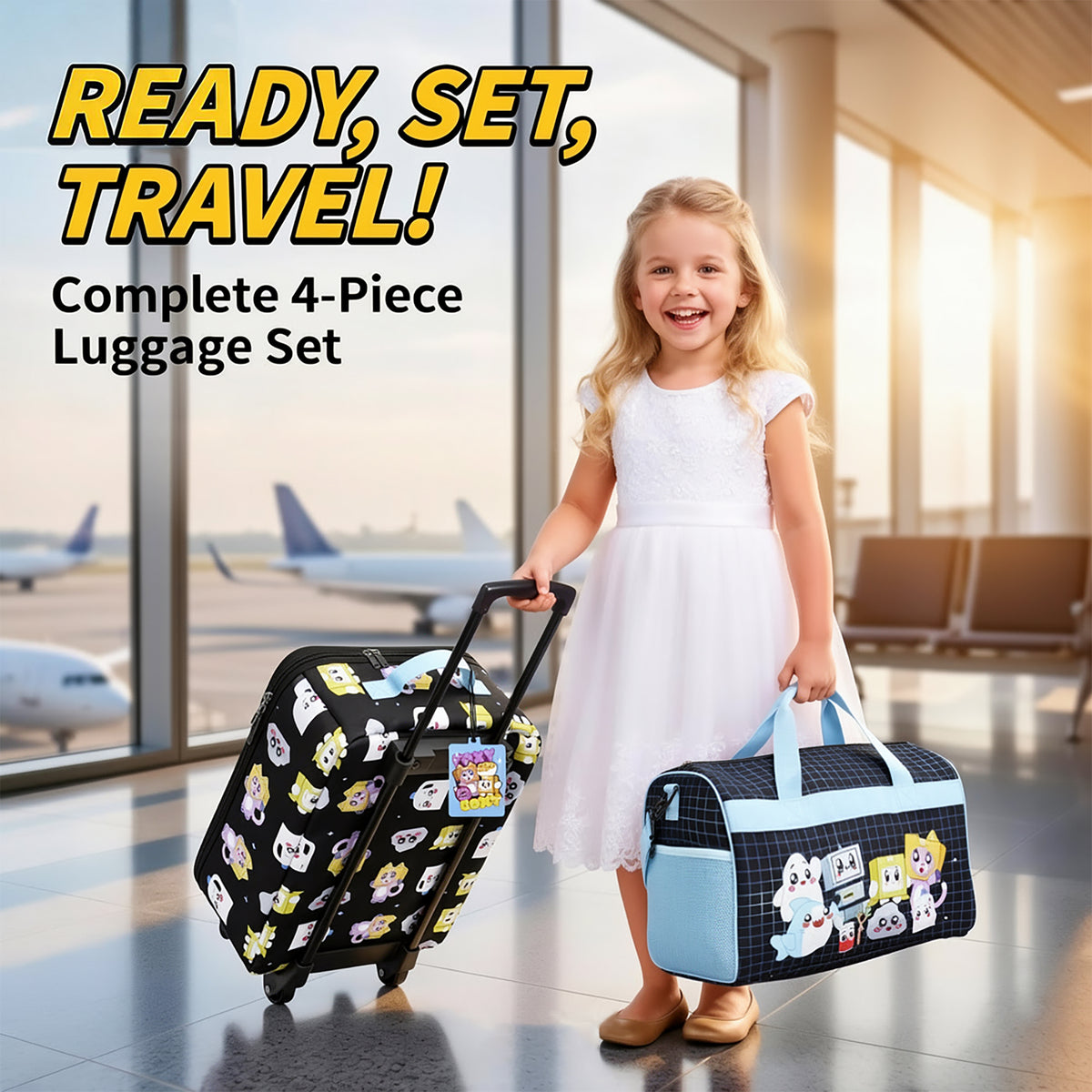 LankyBox 4-Piece Kids'  Carry On Travel Set - Officially Licensed with 14" Pilot Case Duffle Bag Utility Case and Luggage Tag