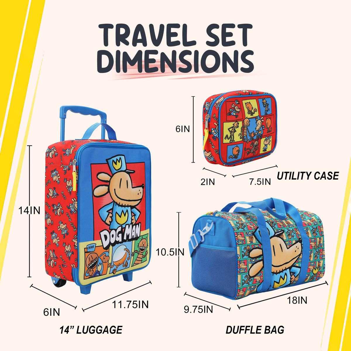 Dog Man Character Squares 4-Piece Youth Travel Set Carry on luggage