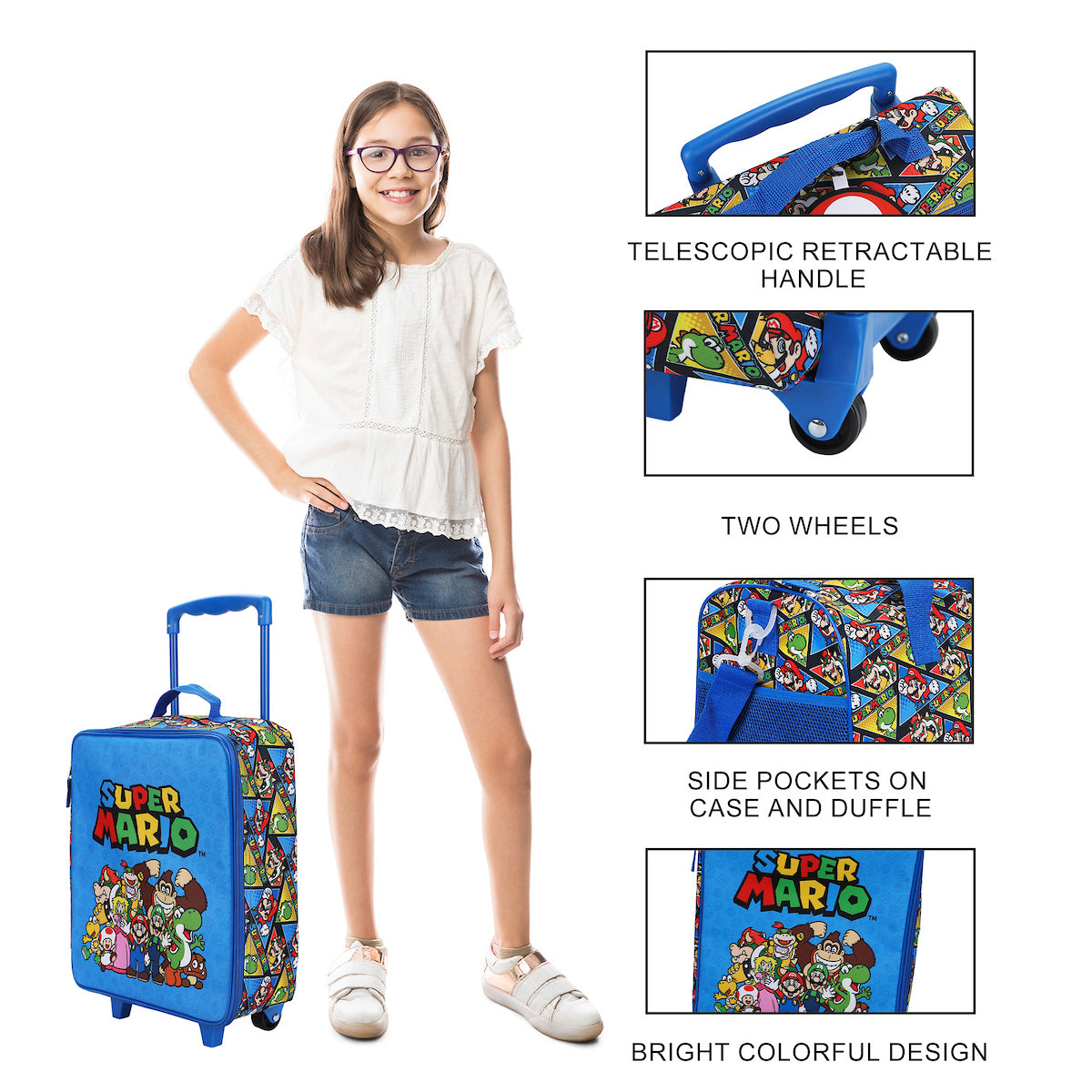 Super Mario Bros Group Shot & All-Over Character Print 14" Pilot Case Set