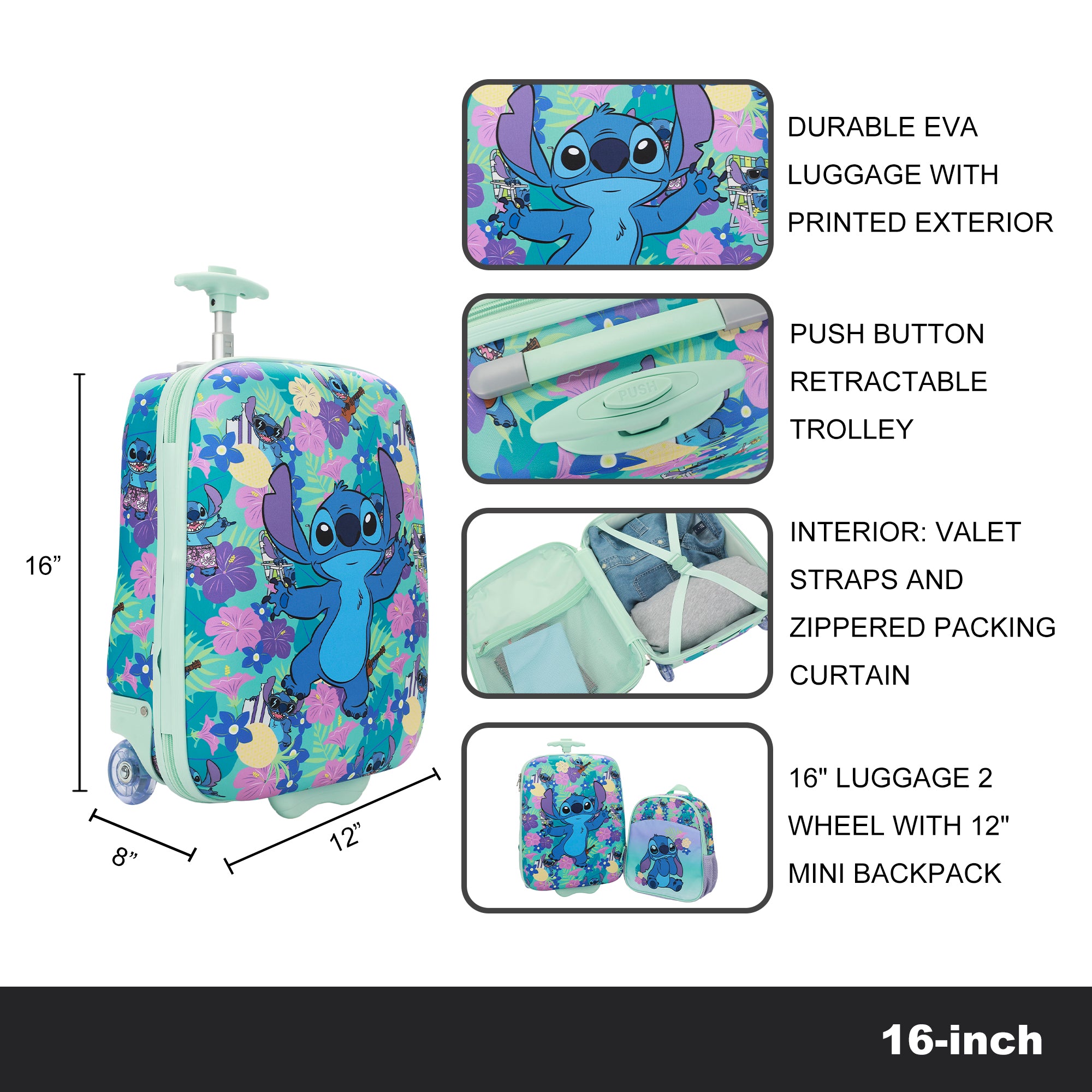 Disney Stitch Tropical Flower Print 2-Piece Youth EVA Wheeled Luggage & Travel Backpack Set