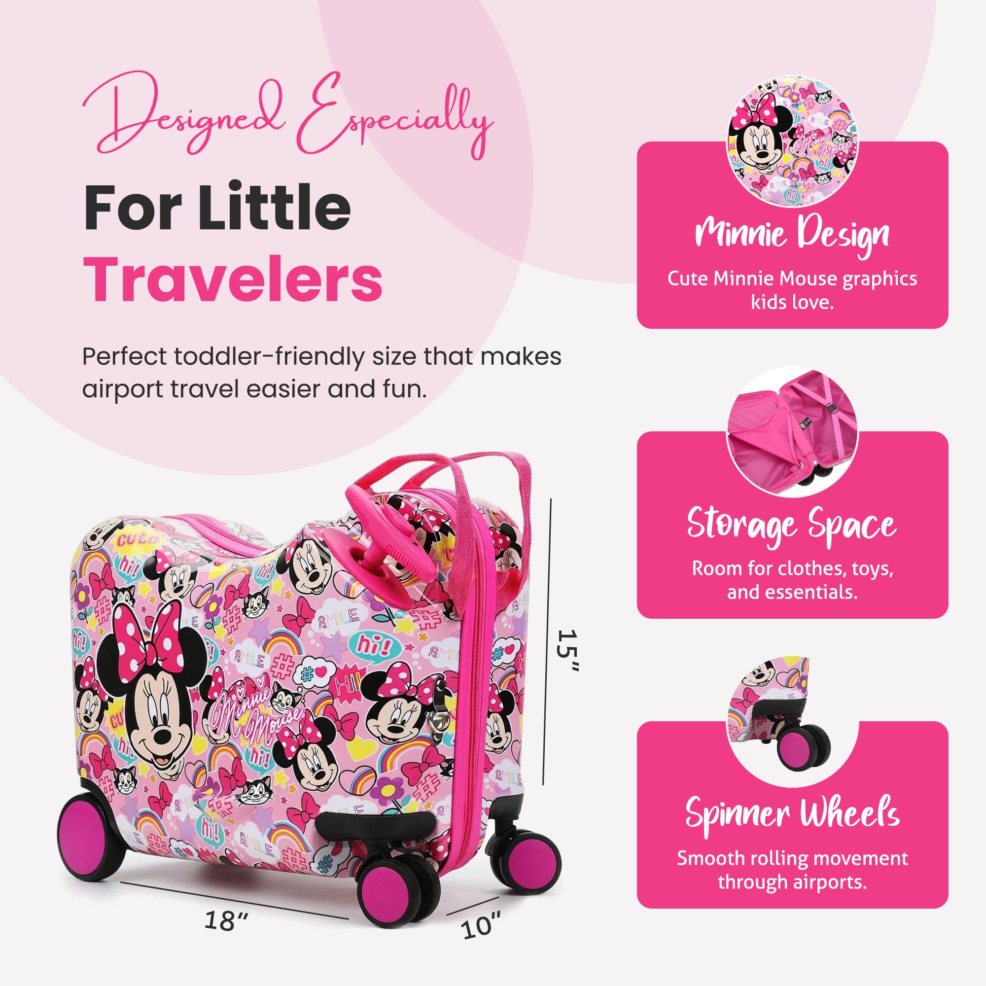 Minnie Mouse Ride-On 18" Suitcase For Kids & Toddlers