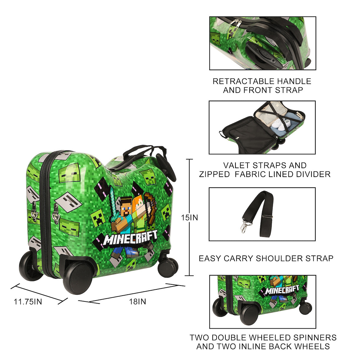 Minecraft Steve & Alex Green 15" Ride-On Luggage