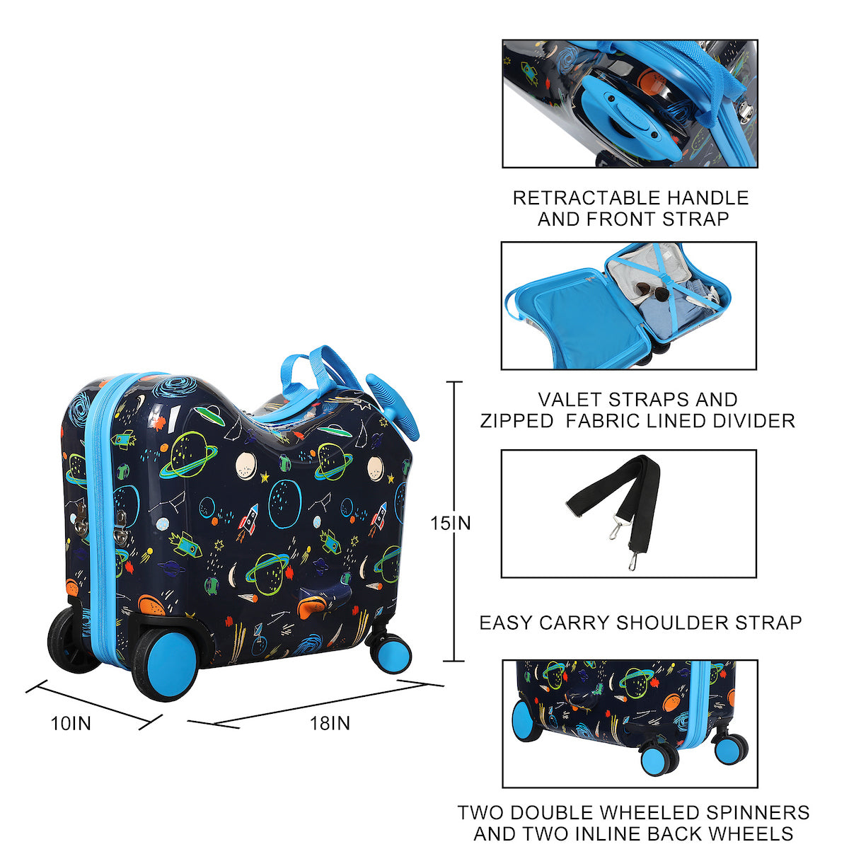 Viggio Travel To Space Ride-On 18” Suitcase For Kids & Toddlers