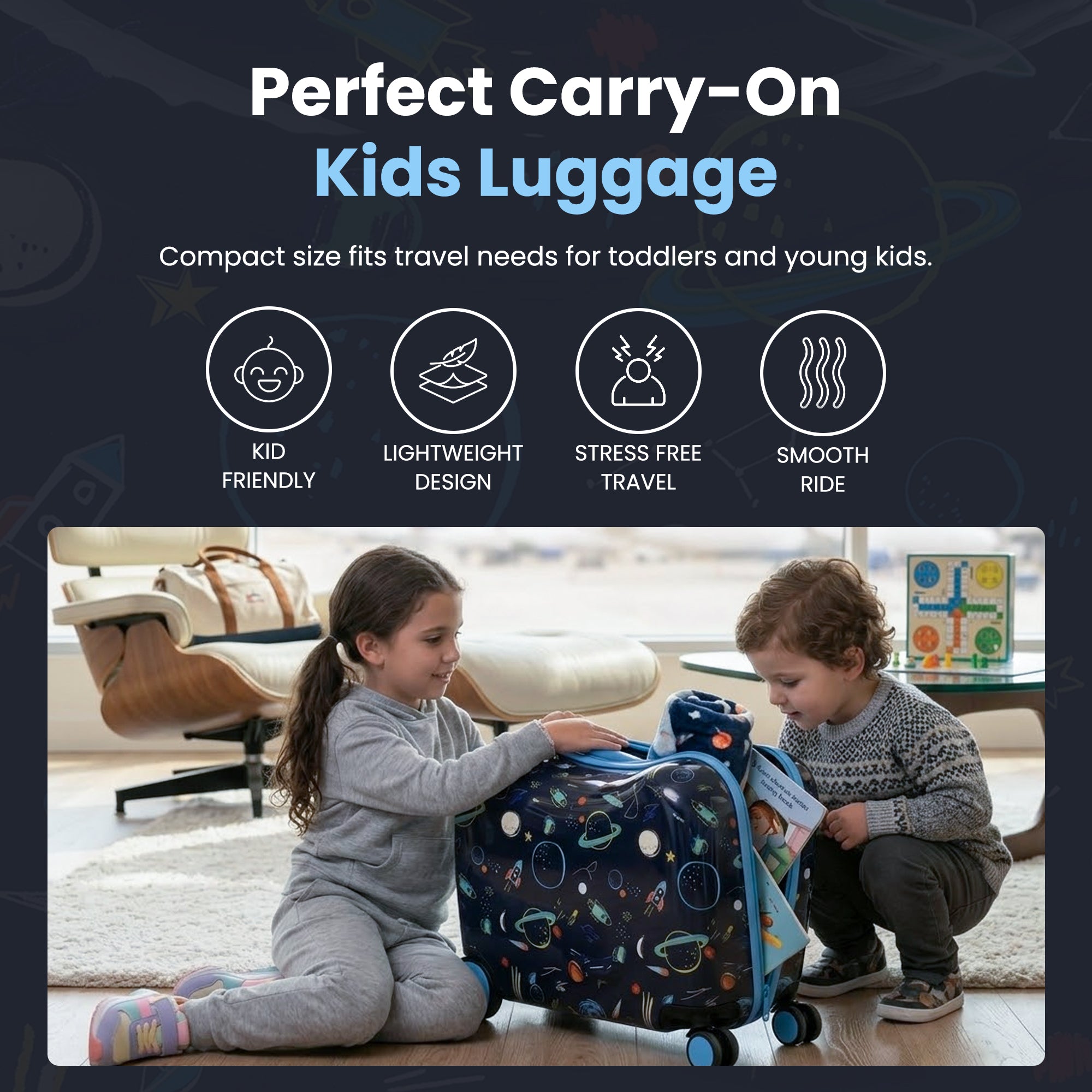 Viggio Travel To Space Ride-On 18" Suitcase For Kids & Toddlers