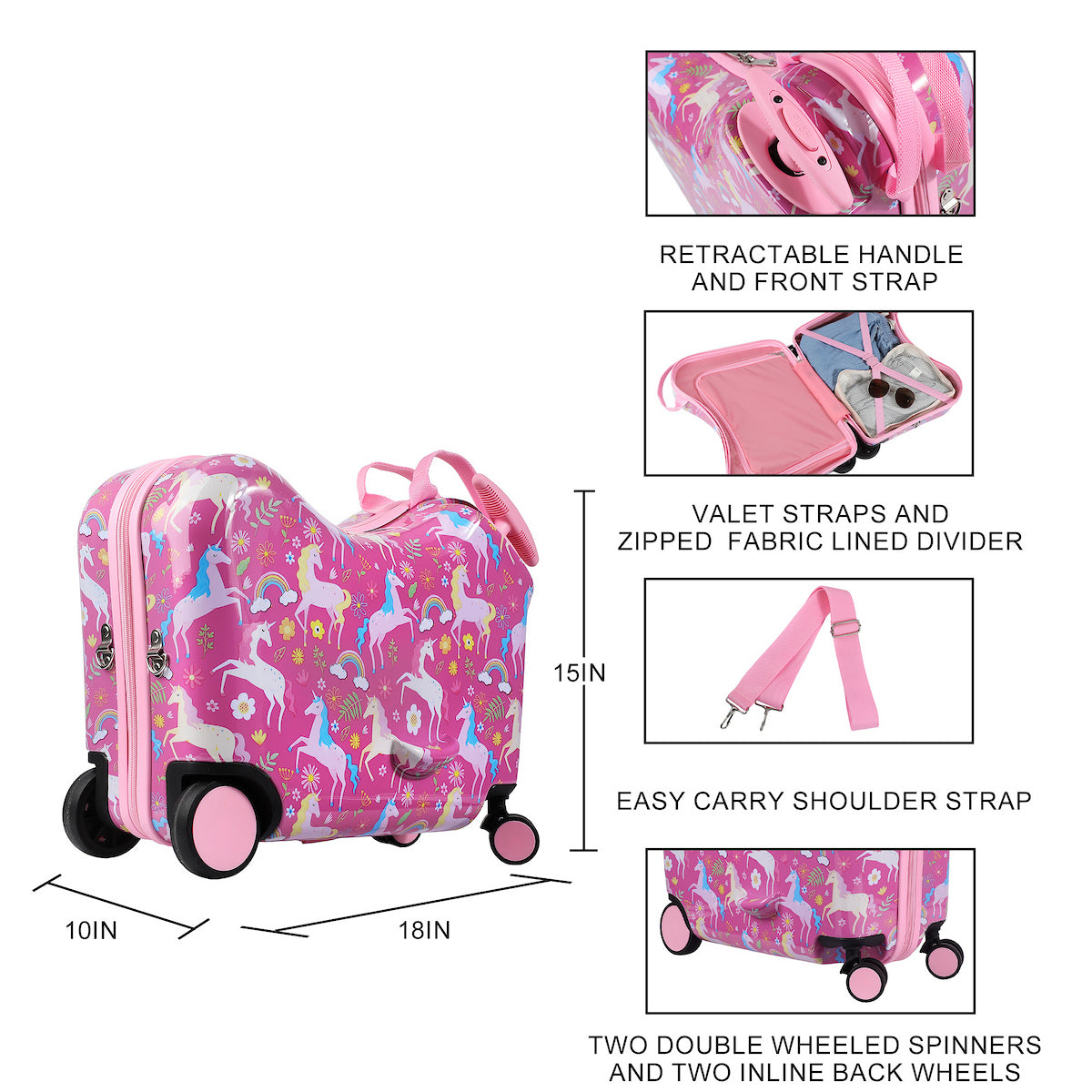 Viggio Pink Rainbows And Unicorns Ride-On 18” Suitcase For Kids & Toddlers