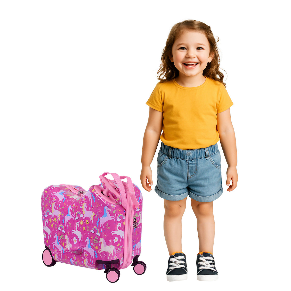 Viggio Pink Rainbows And Unicorns Ride-On 18” Suitcase For Kids & Toddlers
