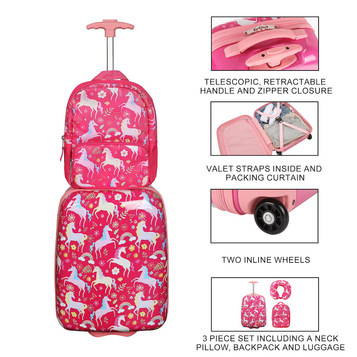 Viggio Unicorn 2-Wheel Suitcase with Backpack and Neck Pillow (3-Pc Set)