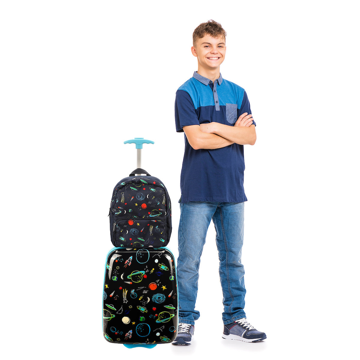 Viggio Space Printed 2-Wheel Suitcase with Backpack and Neck Pillow (3-Pc Set)