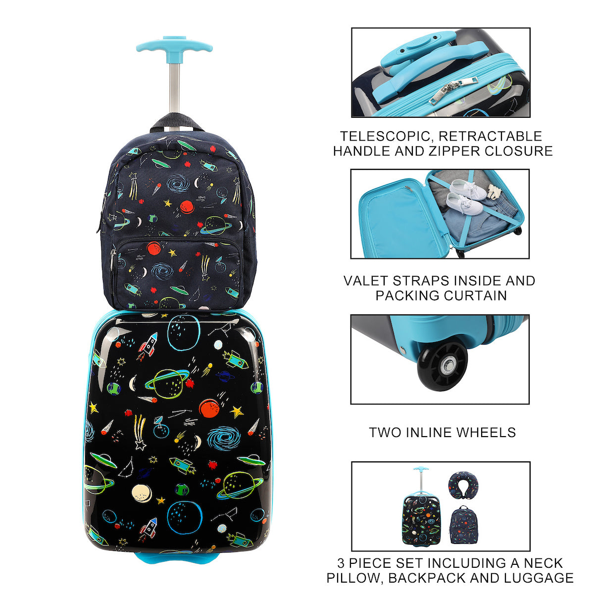 Viggio Space Printed 2-Wheel Suitcase with Backpack and Neck Pillow (3-Pc Set)
