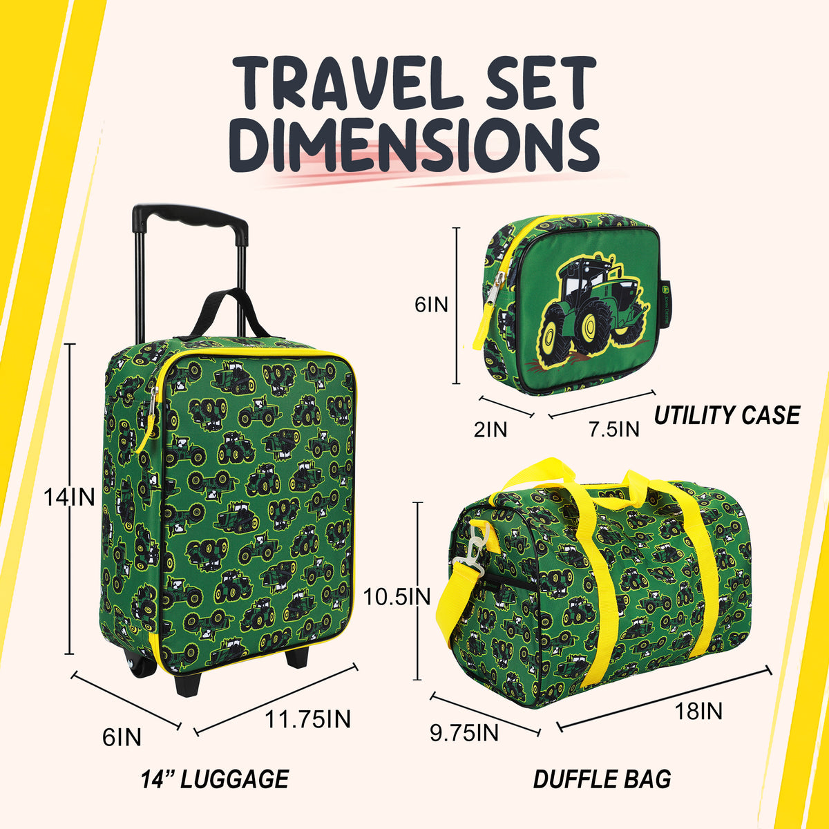 John Deere 4-Piece 14" Pilot Case Luggage Set for Kids, Green/Yellow Travel Set