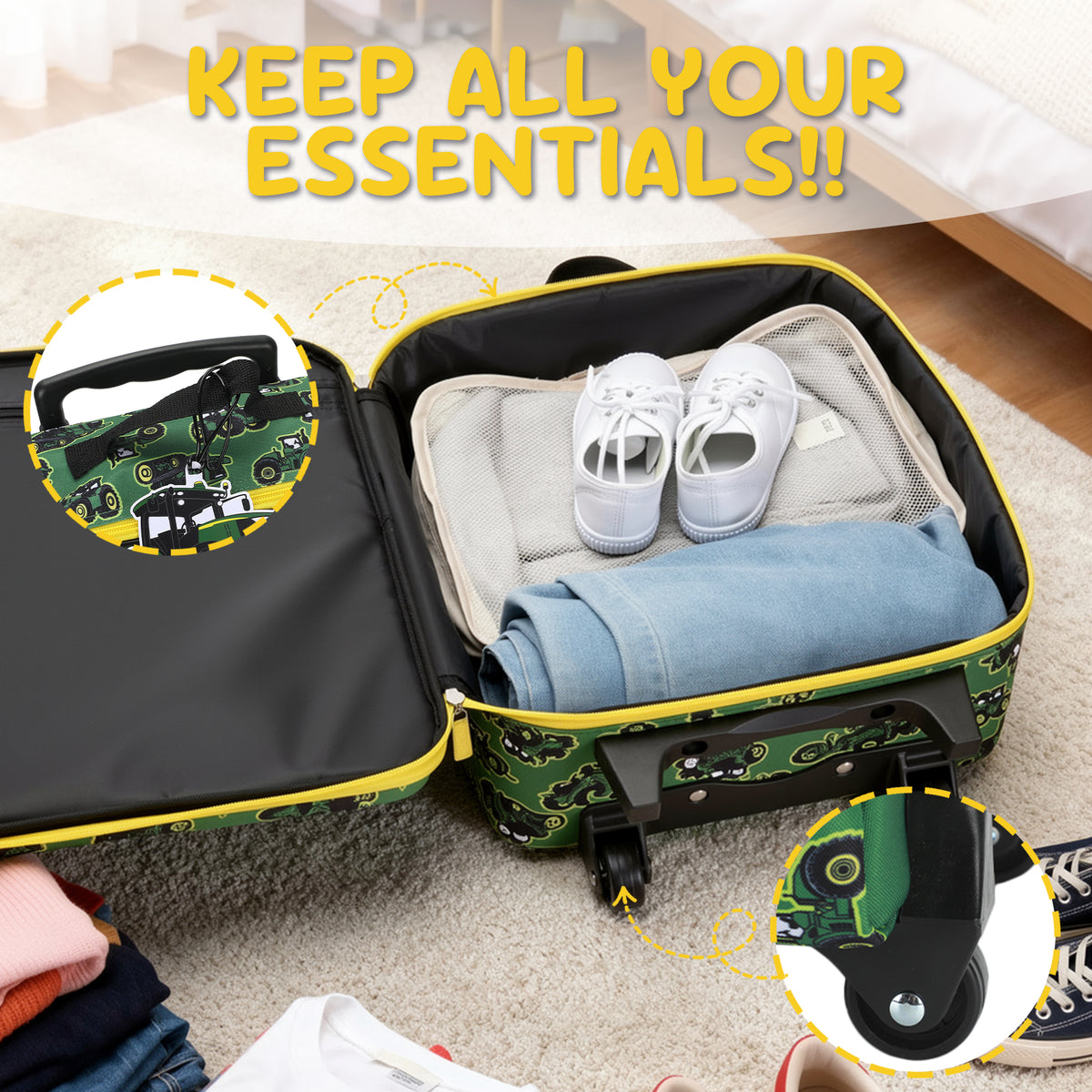 John Deere 4-Piece 14" Pilot Case Luggage Set for Kids, Green/Yellow Travel Set
