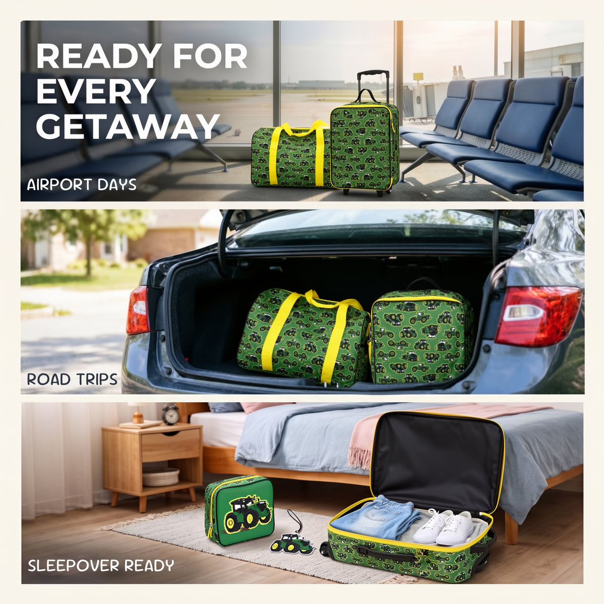 John Deere 4-Piece 14" Pilot Case Luggage Set for Kids, Green/Yellow Travel Set