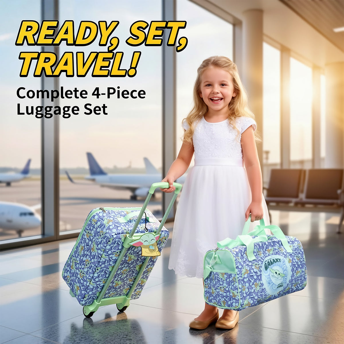 Star Wars The Mandalorian & Grogu Kids 4-Piece Travel Set 14" Pilot Case Duffle Bag Utility Case & Luggage Tag, Green/Blue