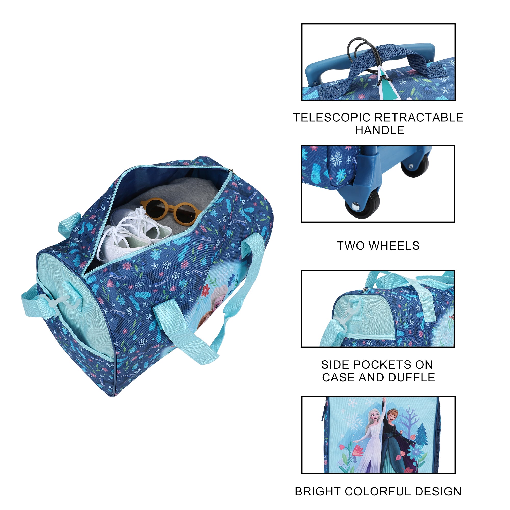 Frozen Elsa & Anna Kids’ 4-Piece Travel Set With Suitcase, Duffle Bag, Toiletries Case, and Luggage Tag