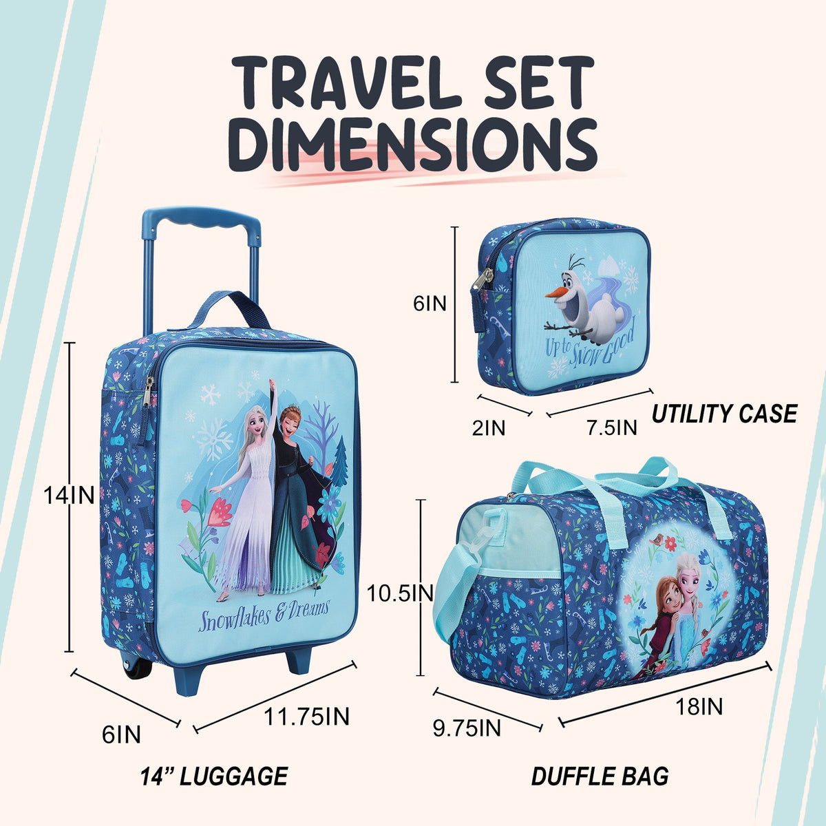 Frozen Elsa & Anna Kids' 4-Piece Travel Set With Suitcase, Duffle Bag, Toiletries Case, and Luggage Tag