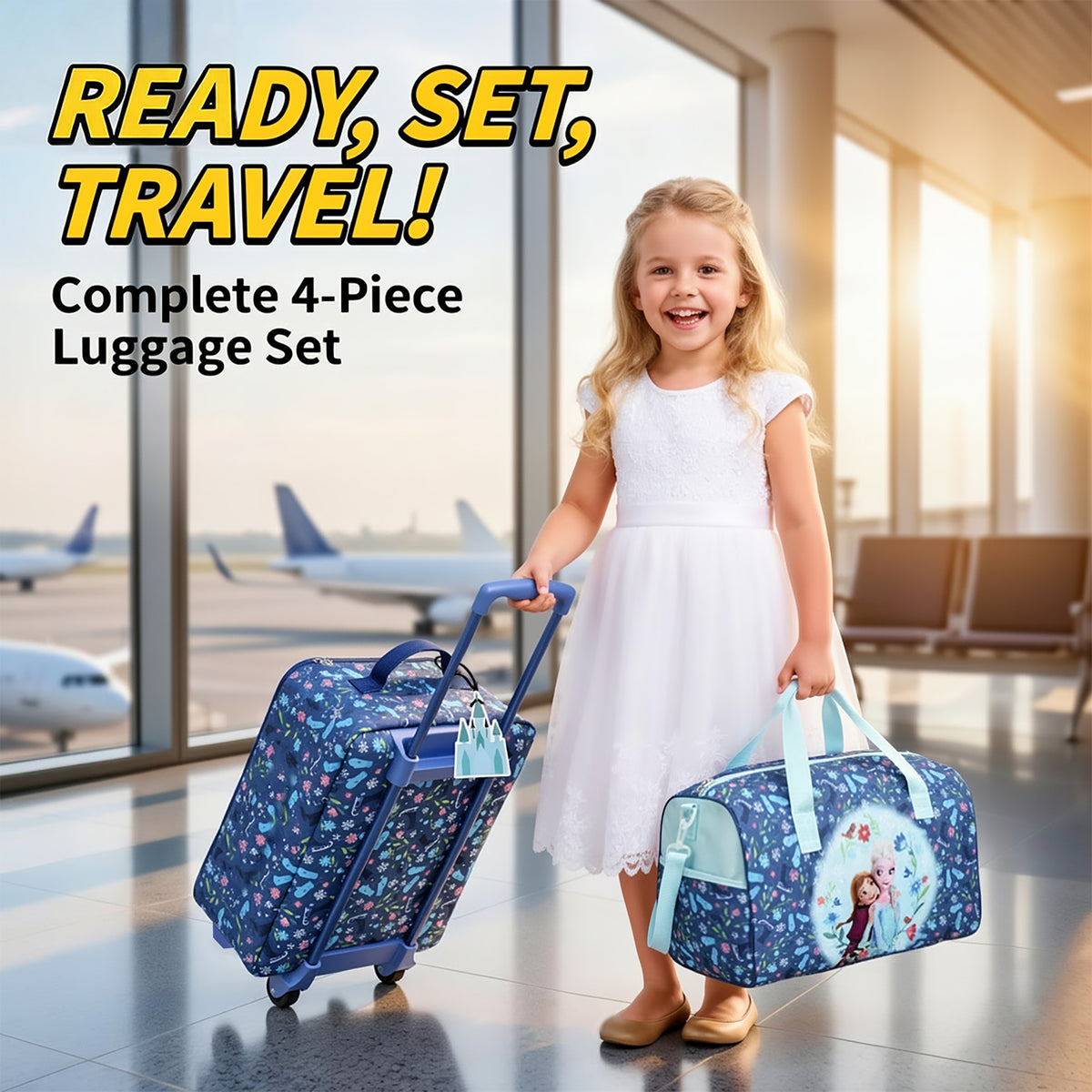 Frozen Elsa & Anna Kids' 4-Piece Travel Set With Suitcase, Duffle Bag, Toiletries Case, and Luggage Tag