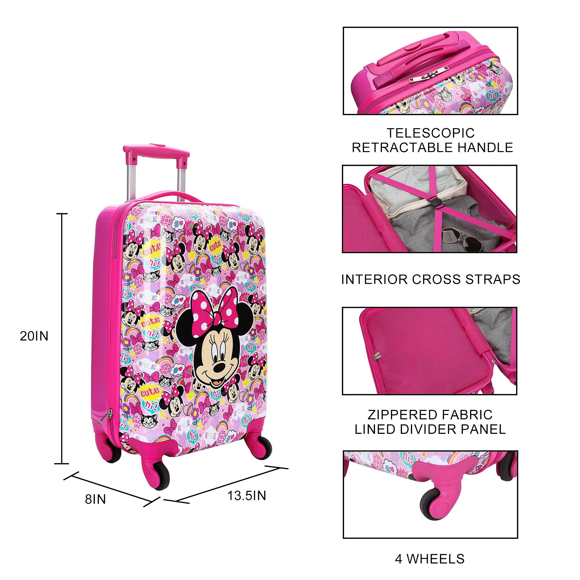 Minnie Mouse Classic 4-Wheel 20" Kids Luggage Suitcase for Travel & Adventures, Pink/Multicolor