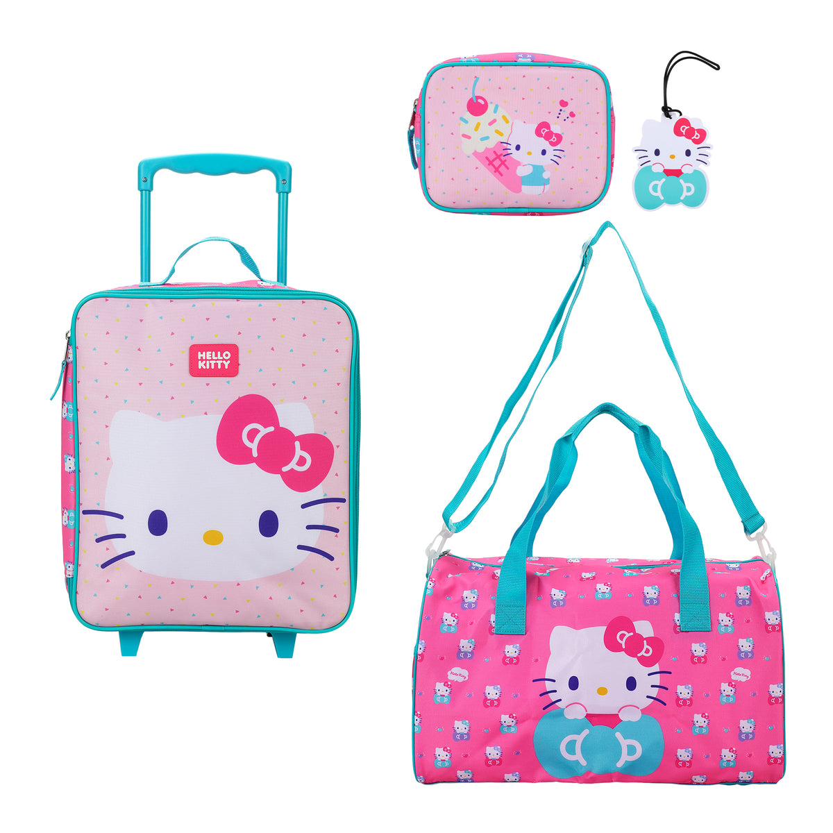 Hello Kitty Kids' 4-Piece Travel Set With Suitcase, Duffle Bag, Toiletries Case, and Luggage Tag