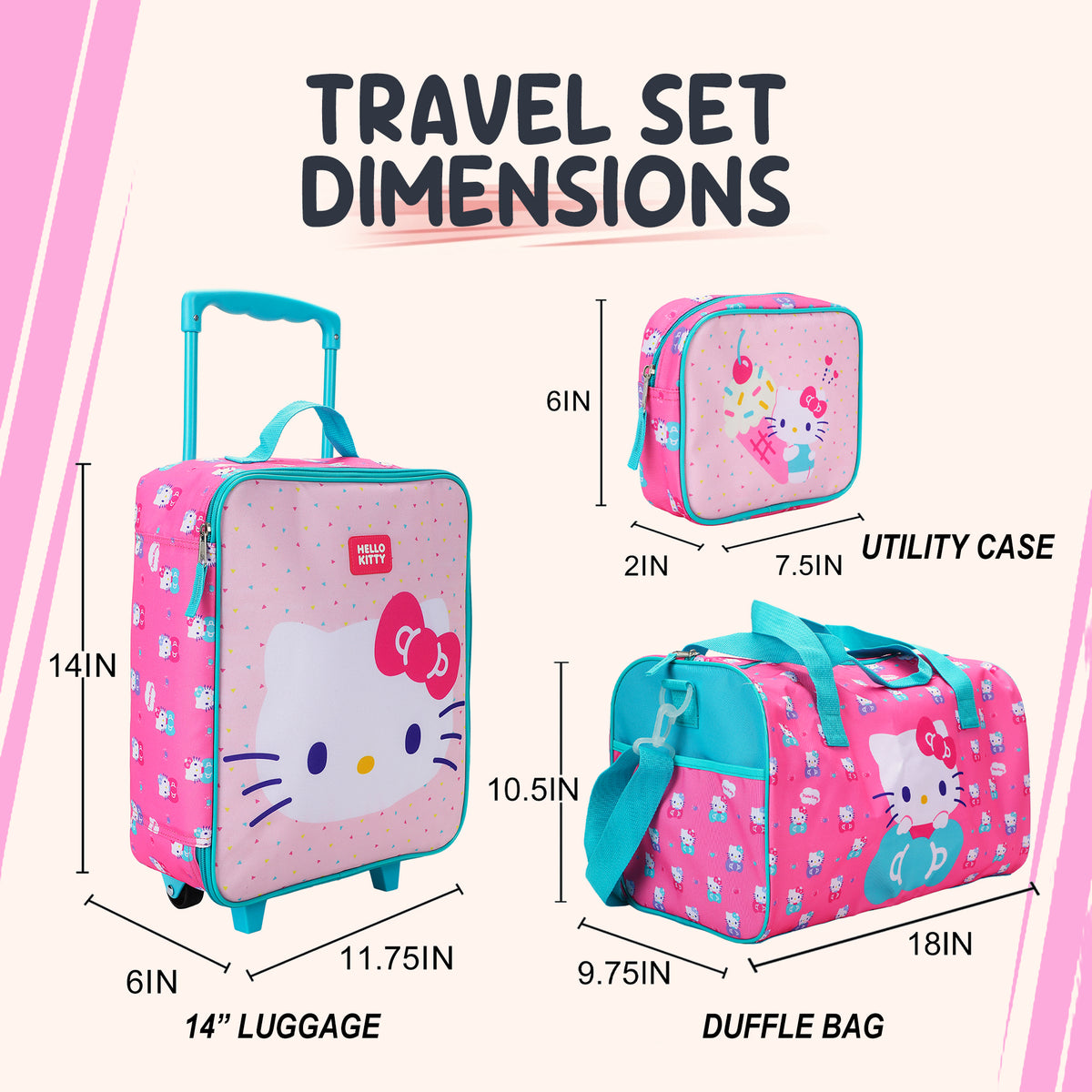 Hello Kitty Kids' 4-Piece Travel Set With Suitcase, Duffle Bag, Toiletries Case, and Luggage Tag