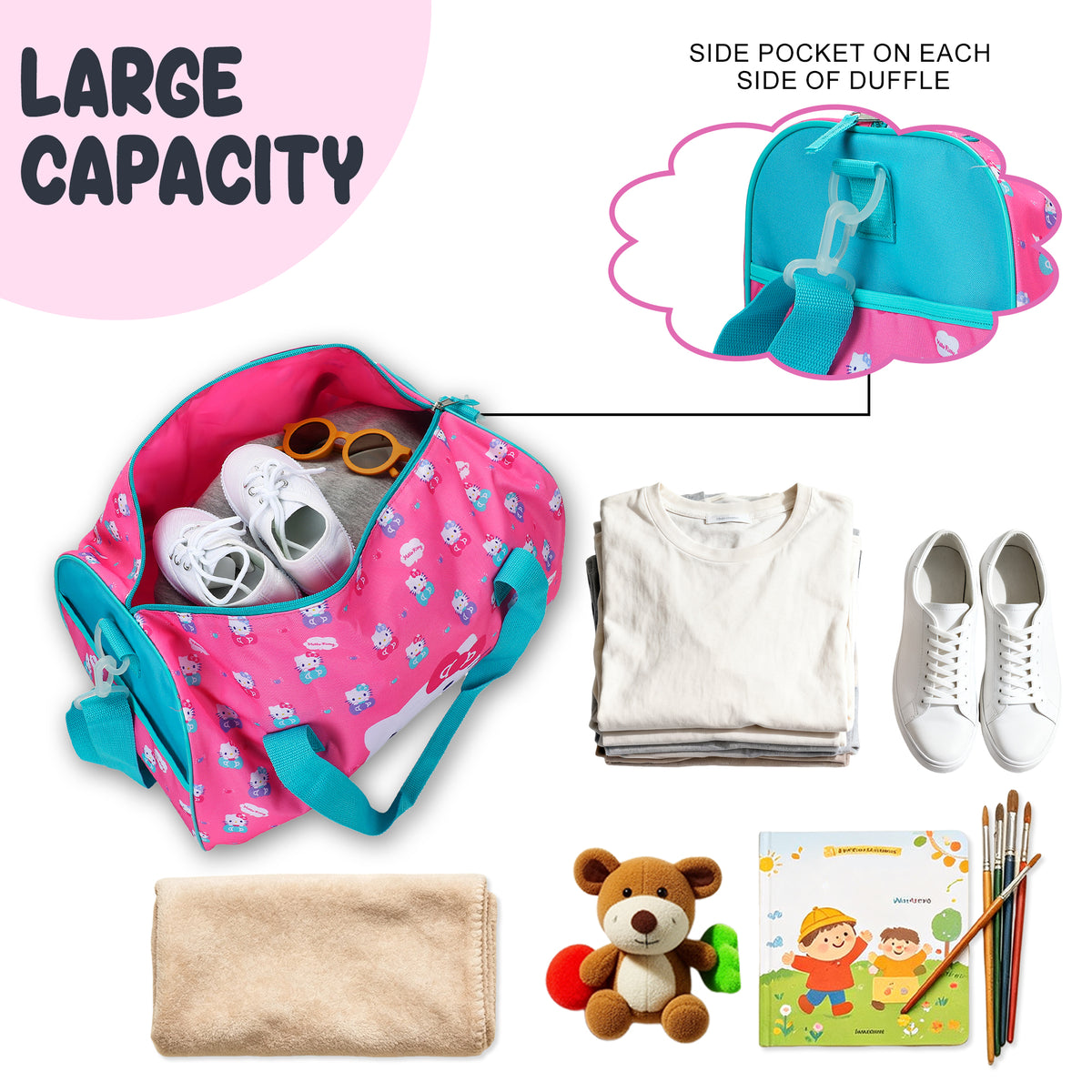 Hello Kitty Kids' 4-Piece Travel Set With Suitcase, Duffle Bag, Toiletries Case, and Luggage Tag
