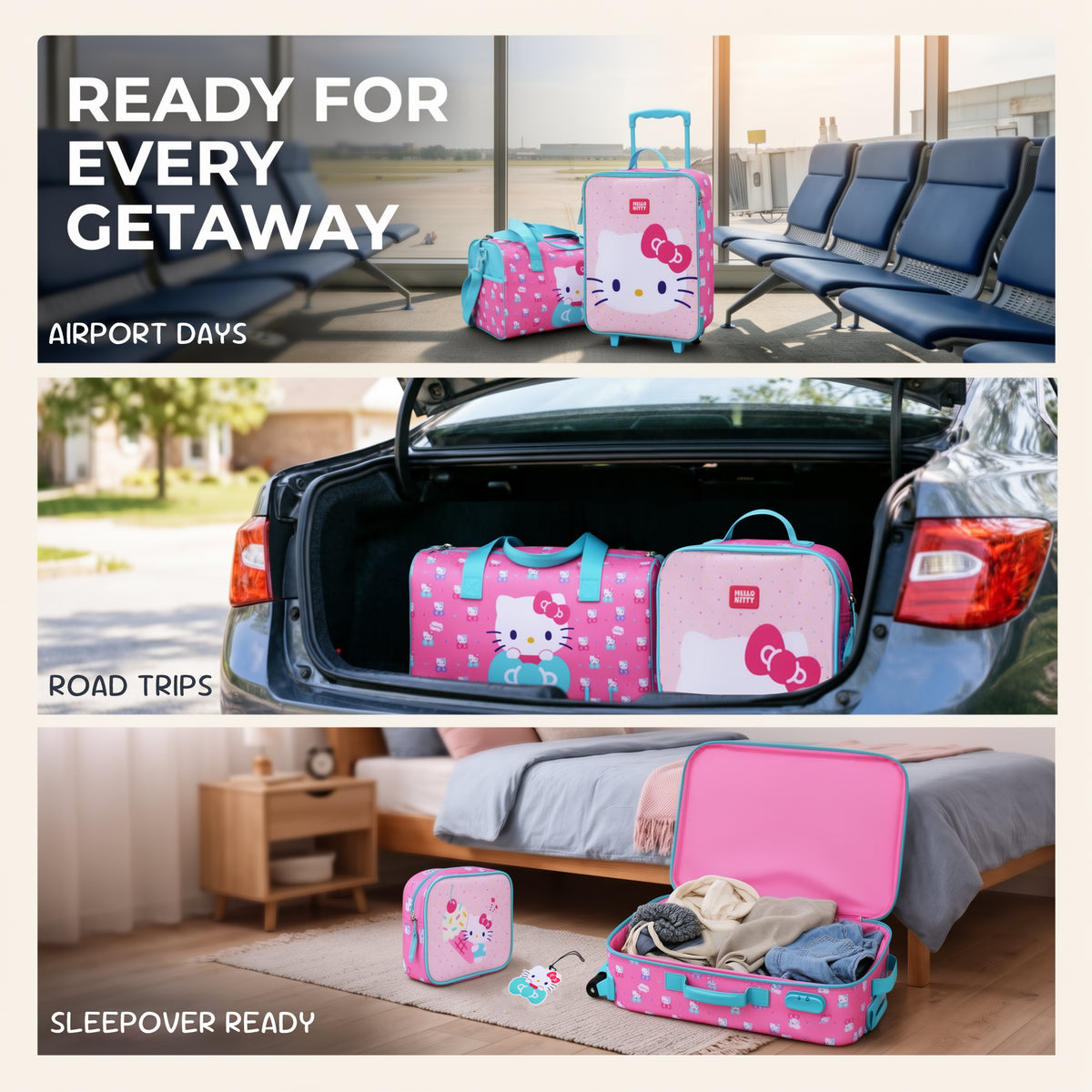 Hello Kitty Kids' 4-Piece Travel Set With Suitcase, Duffle Bag, Toiletries Case, and Luggage Tag