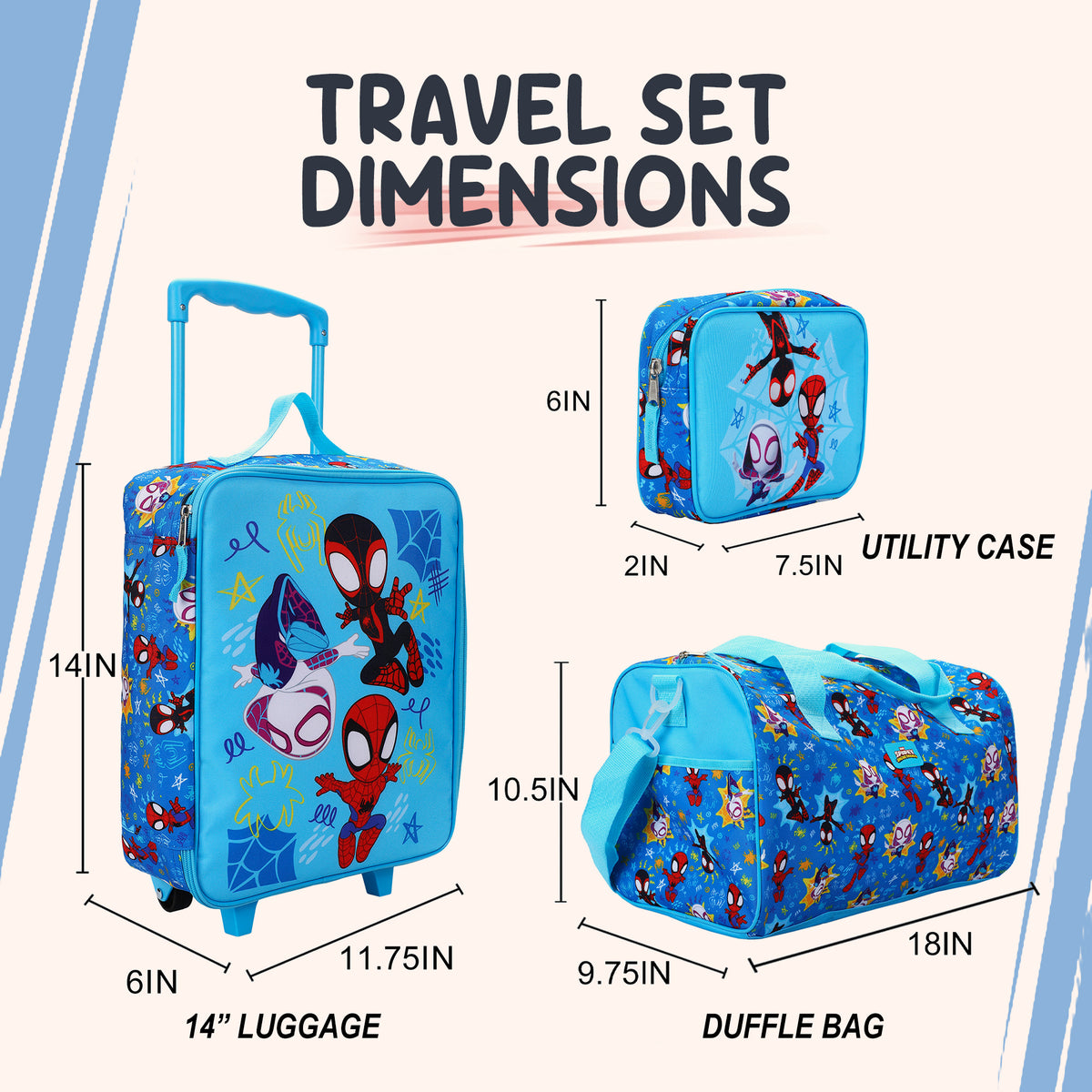 Spidey And His Amazing Friends Kids' 4-Piece Travel Set With Suitcase, Duffle Bag, Toiletries Case, and Luggage Tag