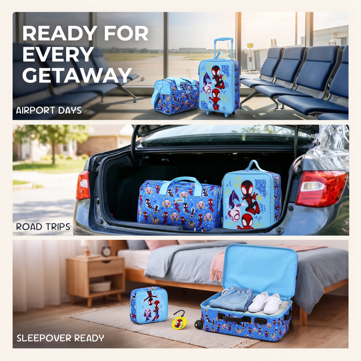 Spidey And His Amazing Friends Kids' 4-Piece Travel Set With Suitcase, Duffle Bag, Toiletries Case, and Luggage Tag