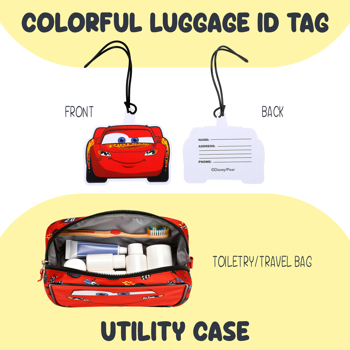 Cars Lightning McQueen Kids' 4-Piece Travel Set With Suitcase, Duffle Bag, Toiletries Case, and Luggage Tag