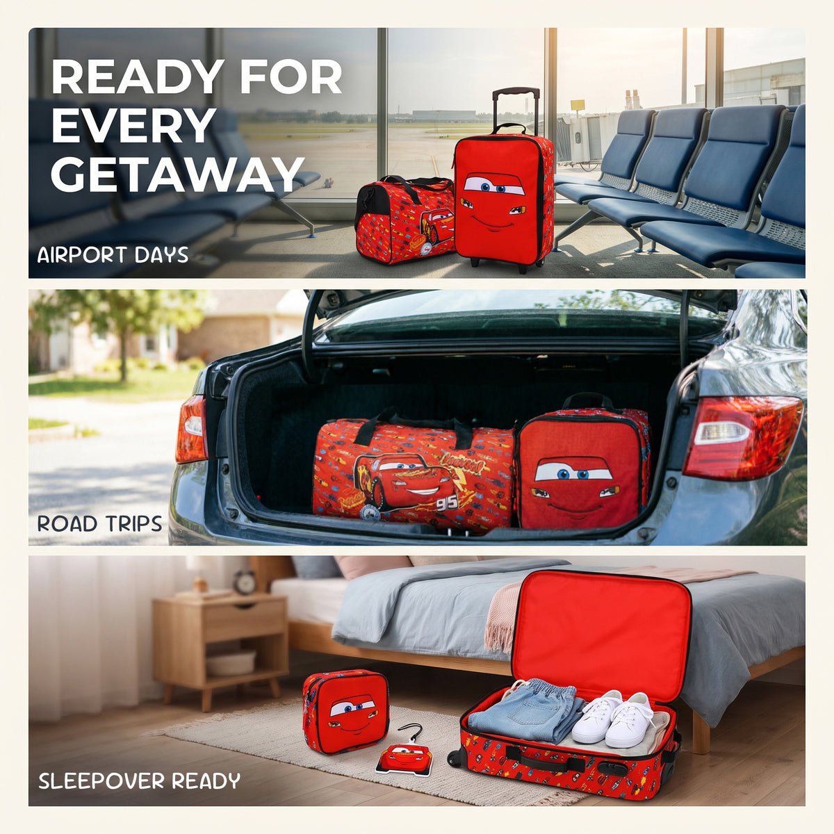 Cars Lightning McQueen Kids' 4-Piece Travel Set With Suitcase, Duffle Bag, Toiletries Case, and Luggage Tag
