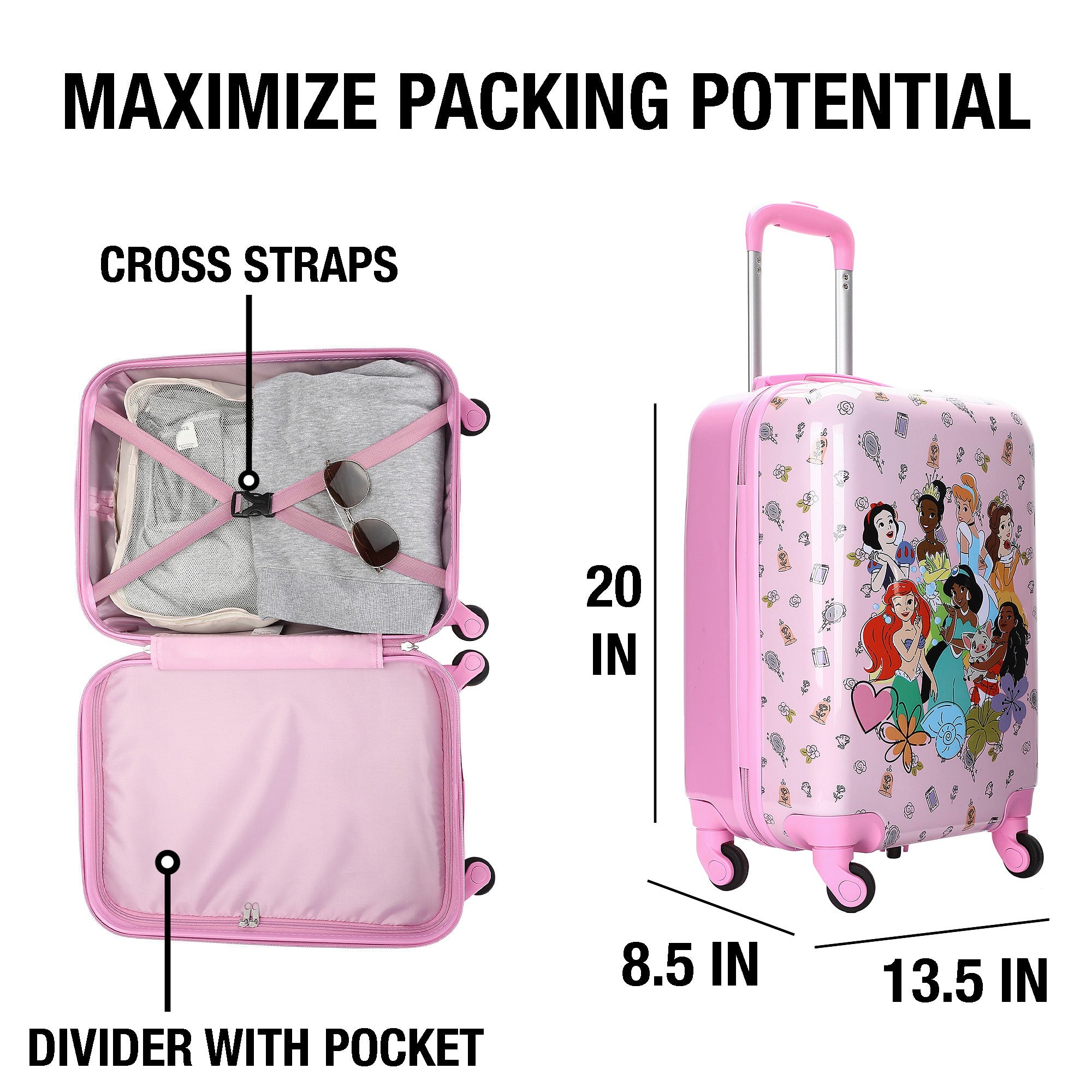 Disney Princess Kids Pink ABS 4-Wheel 20" Suitcase Luggage for Travel & Adventures