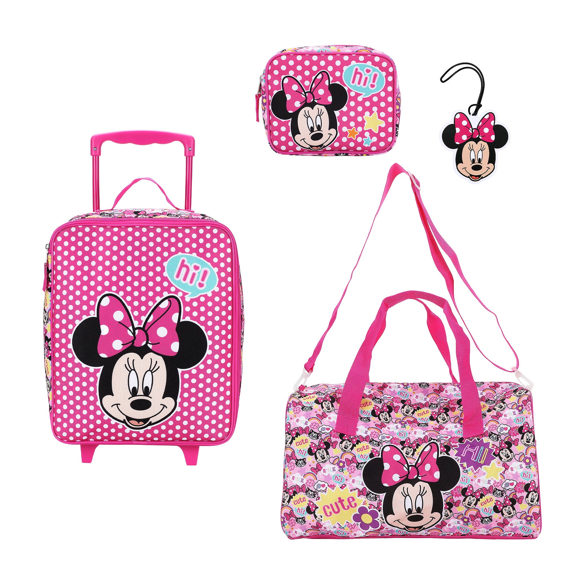Minnie Mouse Classic Kids 4-Piece Luggage Set with 14" Pilot Case, Utility Case, Duffle Bag & Luggage Tag