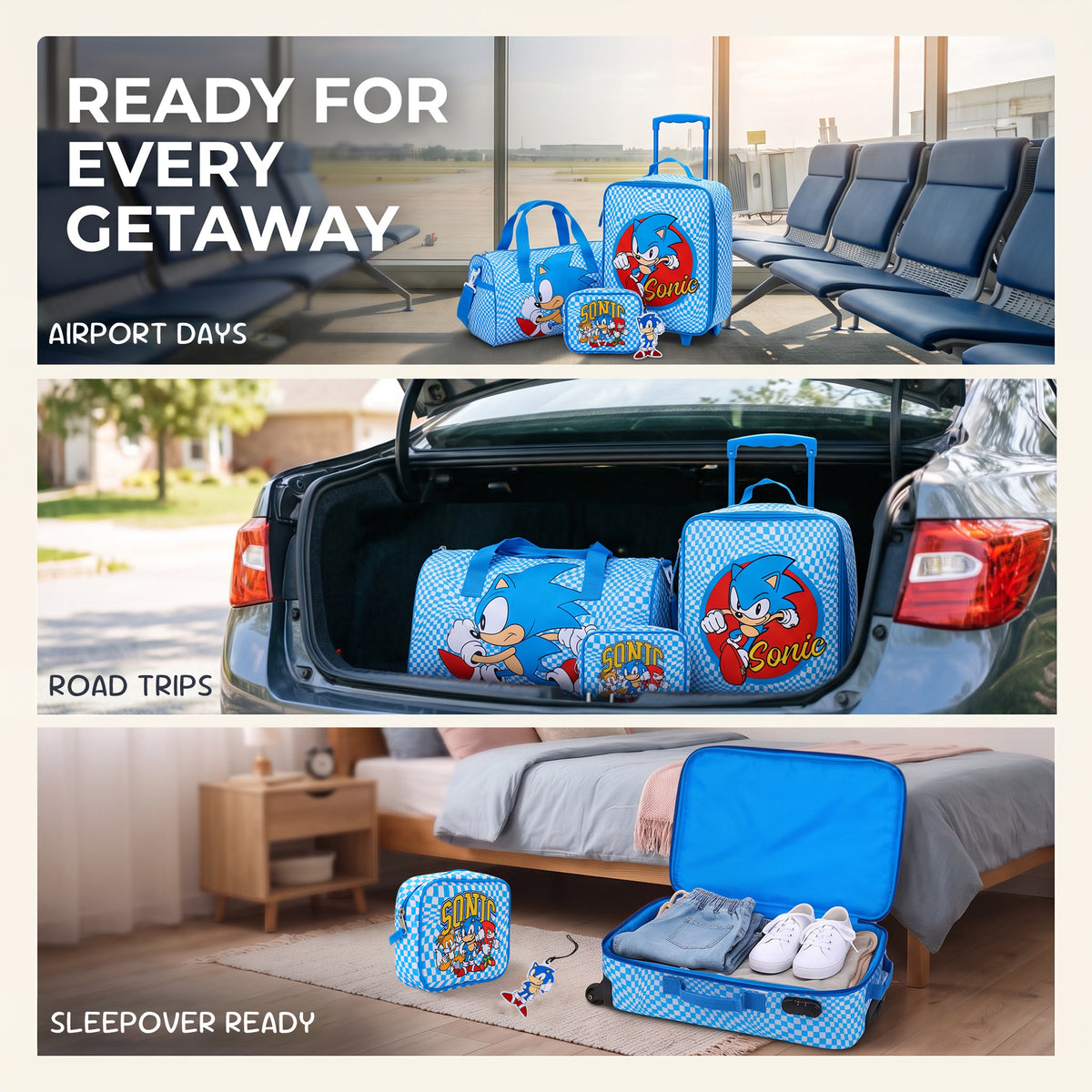 Sonic the Hedgehog Kids' 4-Piece Travel Set With Suitcase, Duffle Bag, Toiletries Case, and Luggage Tag