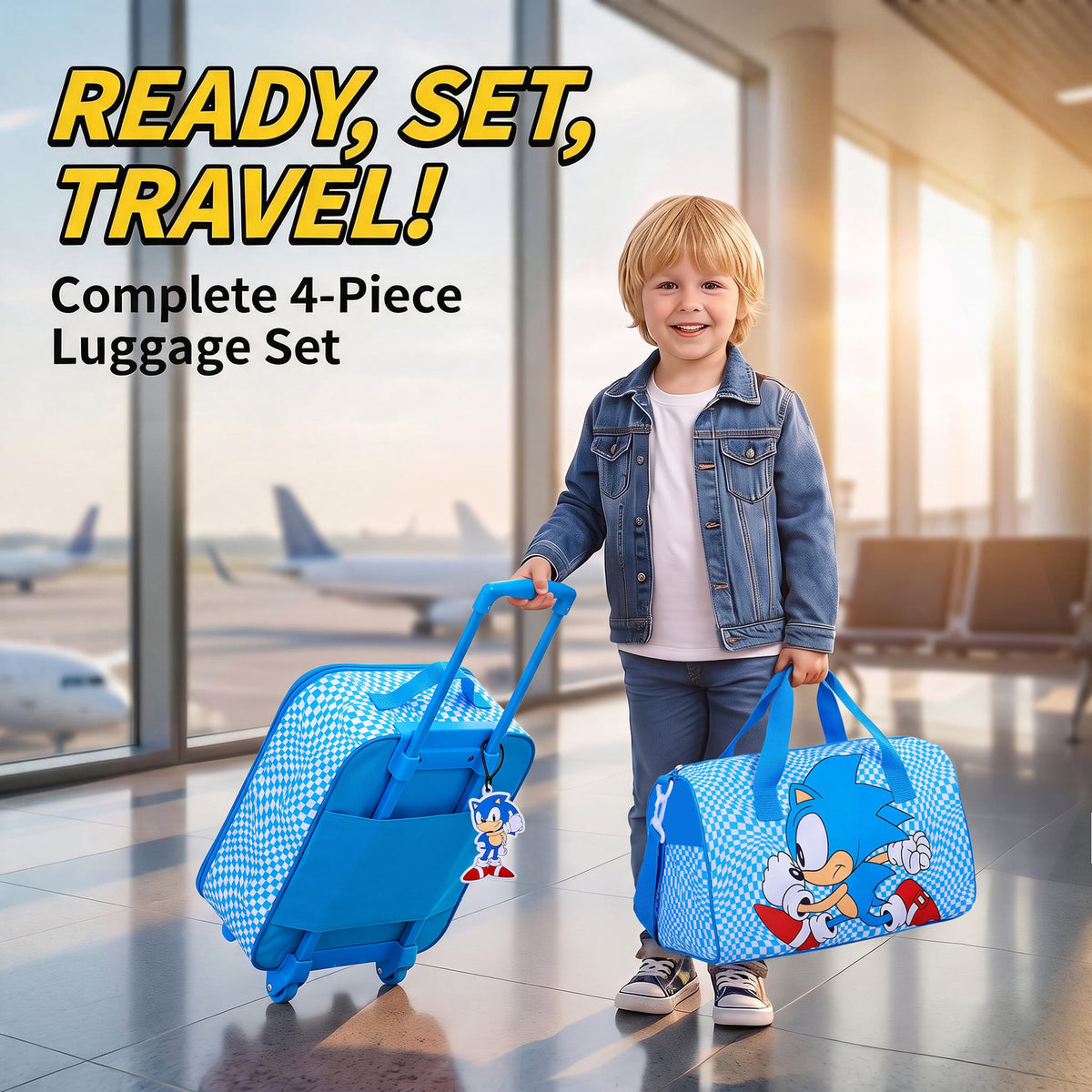 Sonic the Hedgehog Kids' 4-Piece Travel Set With Suitcase, Duffle Bag, Toiletries Case, and Luggage Tag