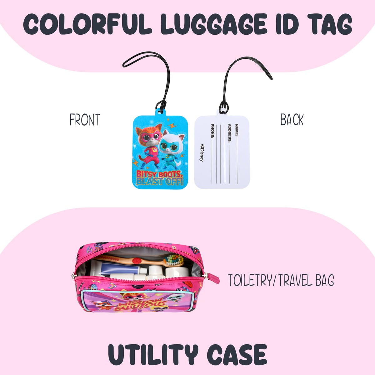 SuperKitties Kids' 4-Piece Travel Set With Suitcase, Duffle Bag, Toiletries Case, and Luggage Tag